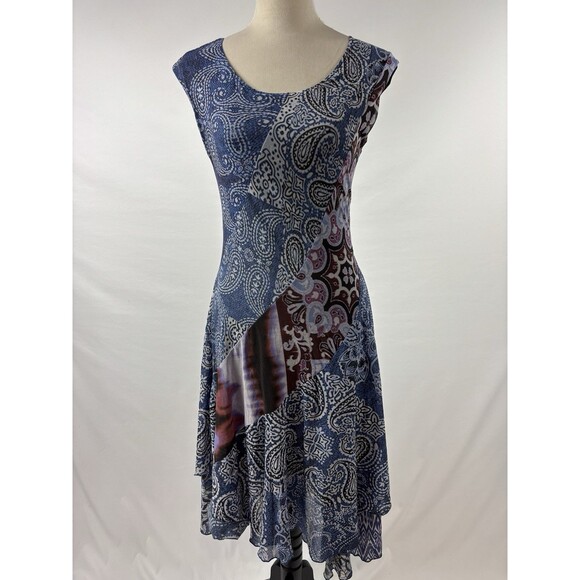 Desigual Fit & Flare Dress Blue Print Size Small Mesh Boho Maximalist Lagenlook - Picture 1 of 11